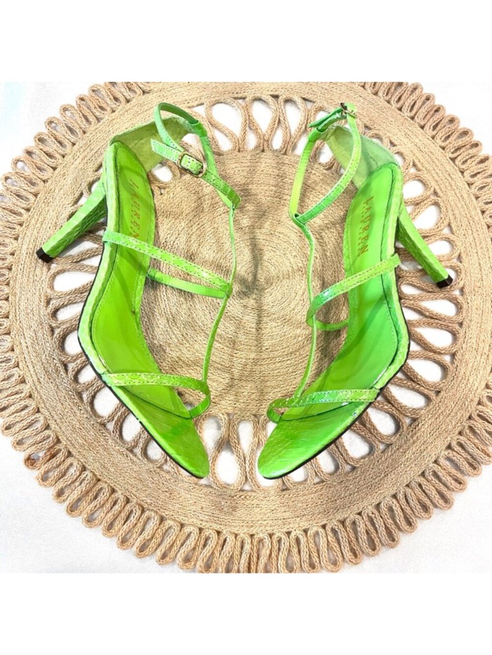 NWOT Lauren Ralph Lauren Green Leather Aida Open Toe Strappy Heels Size 7.5 - Picture 3 of 11